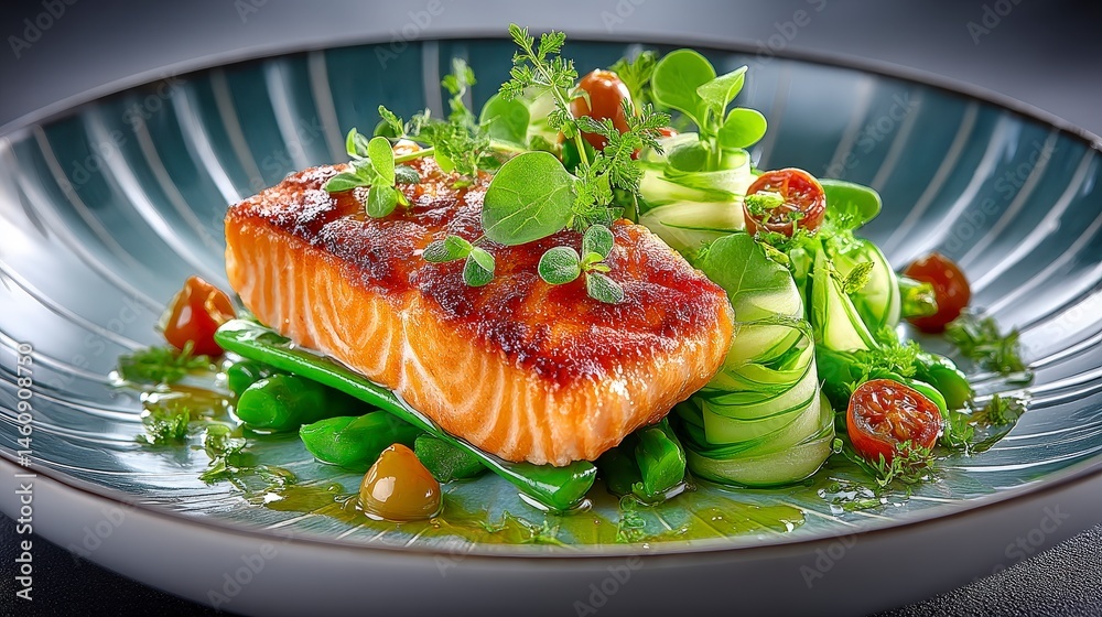 Gourmet Baked Salmon Dish with Asparagus Cucumber and Herbs