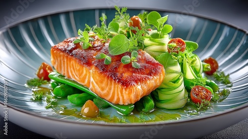 Obraz na płótnie Gourmet Baked Salmon Dish with Asparagus Cucumber and Herbs w salonie