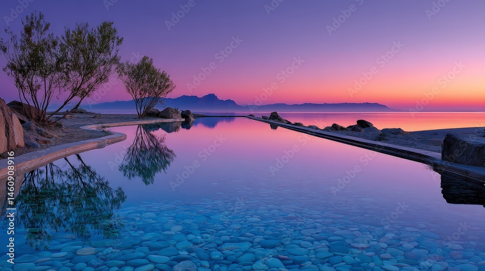 Serene Sunset Tranquil Pool Mountain Lake Reflection Peaceful Evening