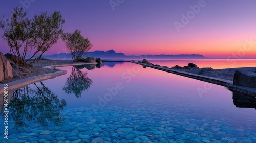 Serene Sunset  Tranquil Pool  Mountain Lake Reflection  Peaceful Evening