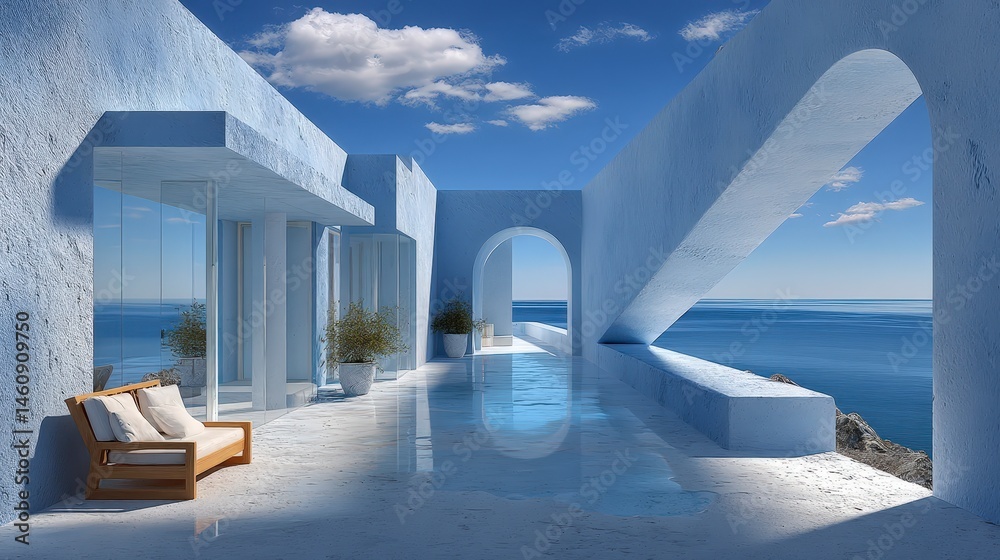 Modern Blue Minimalist Architecture Ocean View Terrace