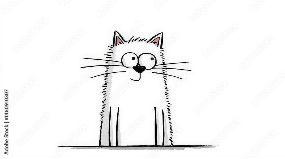 Cute Cartoon Cat Doodle Minimalist Design White Background Pet Illustration