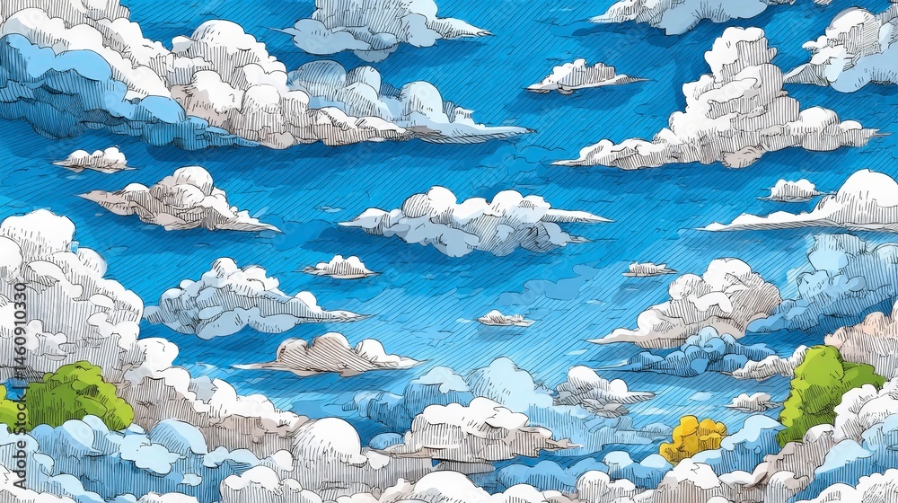 Serene Sky Illustrated Cloudscape Blue Heaven Nature Art Minimalist Design Peaceful
