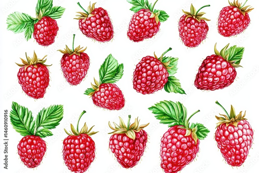 Watercolor Raspberries Pattern on White Background; Delicious Red Berries with Green Leaves in Detailed Botanical Illustration Style Watercolor Raspberries Pattern on White Background; Delicious Red Berries with Green Leaves in Detailed Botanical Illustration Style