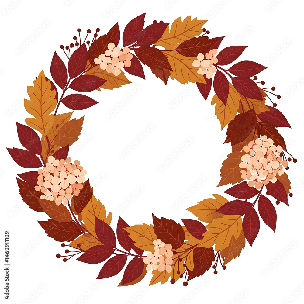 Fototapeta premium Autumn Wreath Design with Fall Leaves and Flowers Perfect for Thanksgiving Invitations or Decorations