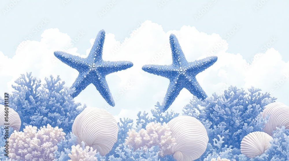 Serene Seascape Blue Starfish Shells Coral Ocean Summer