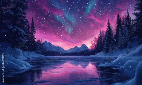 ethereal depiction of the aurora borealis over a frozen lake, with snow-covered trees framing the scene, Generative AI