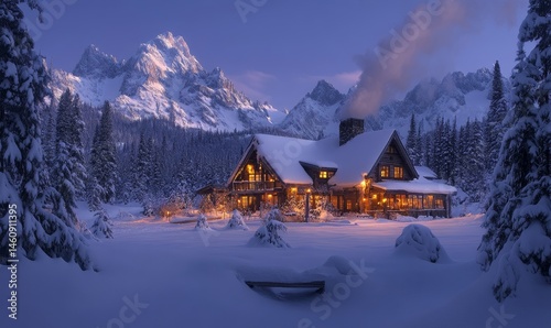 snowy mountain lodge at dusk with smoke rising from the chimney and warm yellow lights glowing from the windows, Generative AI