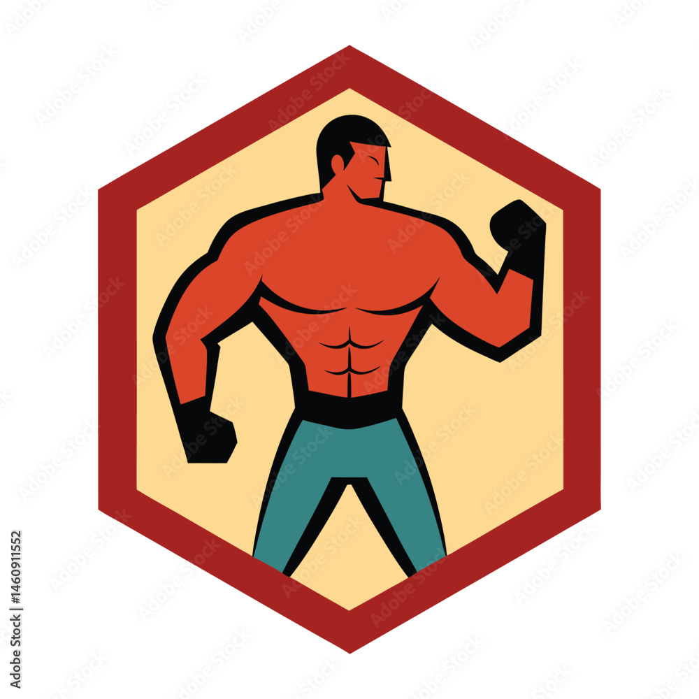 Athletic boxer illustrated in bold colors posing inside a geometric hexagon frame
