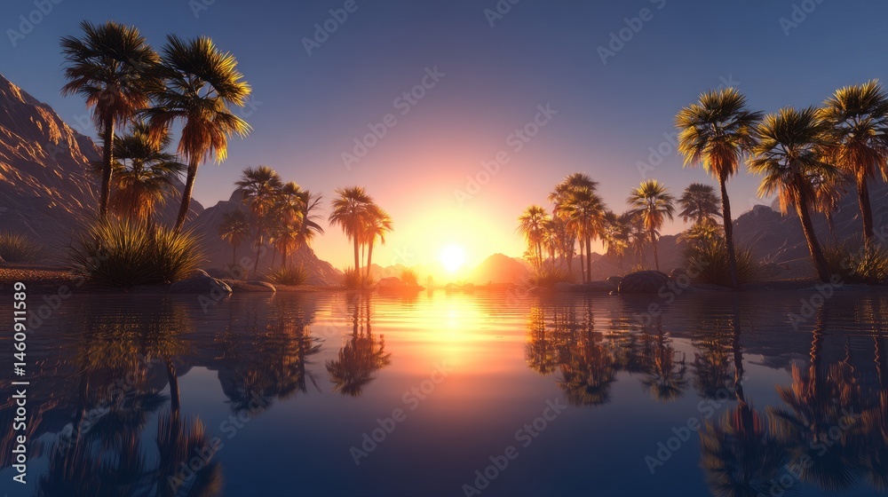 Obraz premium Sunrise over a tranquil oasis landscape.