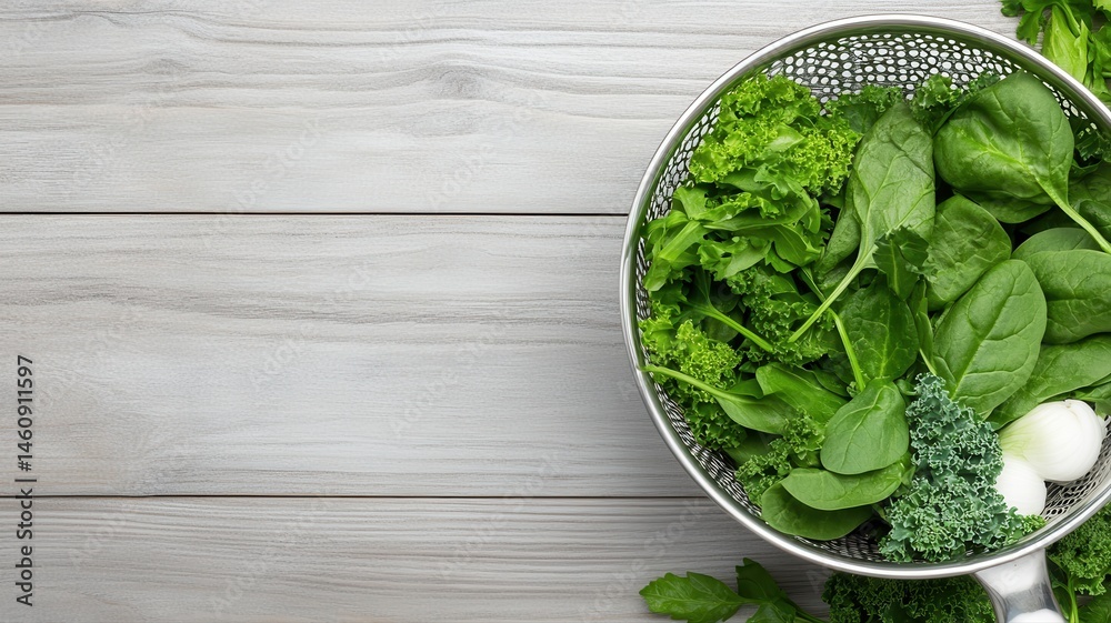 Obraz premium Fresh Green Vegetables: Spinach, Kale, Parsley in Colander parsley green fresh colander vegetables
