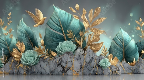 Elegant Teal Gold Leaf Botanical Art Print Luxury Floral Design with Bird