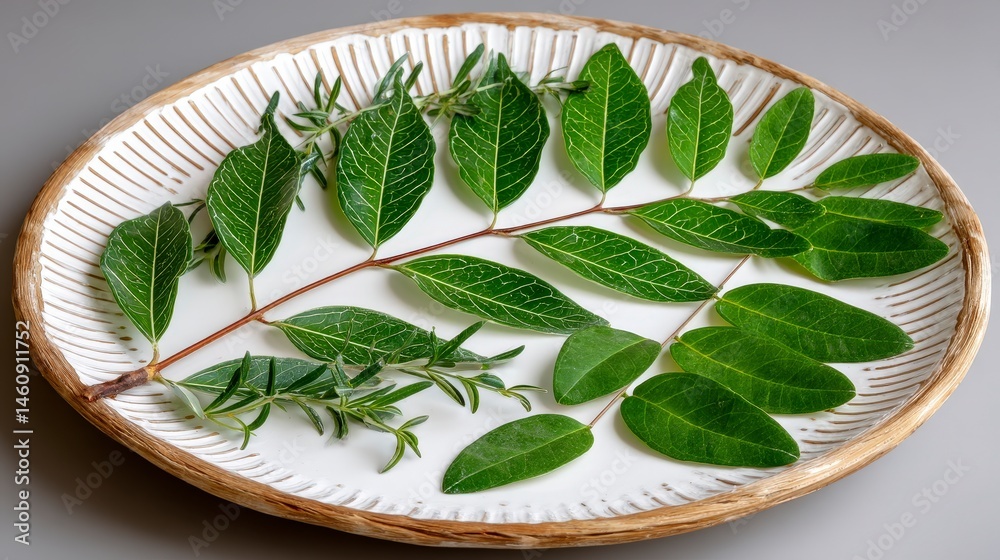 Oval Plate Green Leaves Sprig Rosemary Herbs Minimalist Still Life Photography