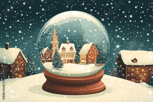 whimsical illustration of a snow globe containing a miniature winter village scene under swirling snowflakes, Generative AI