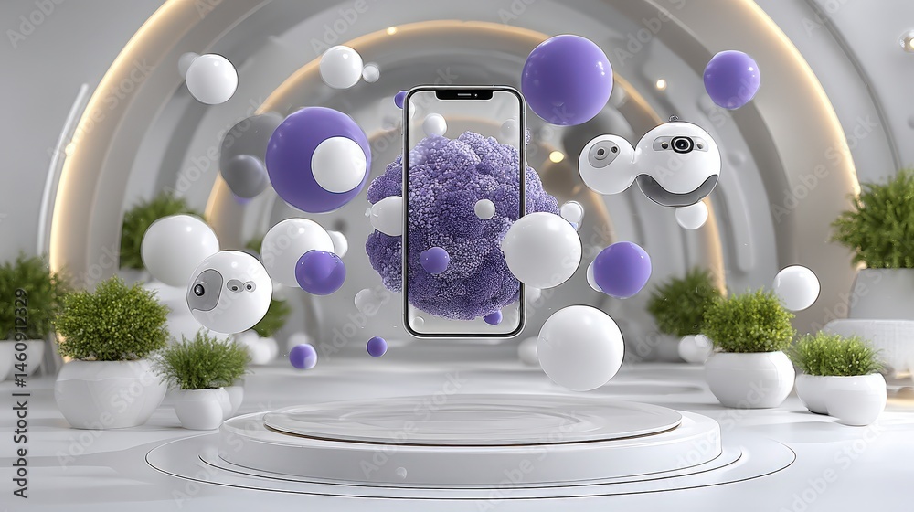 Minimalist Smartphone Mockup Purple Abstract Background Floating Design Technology Conc