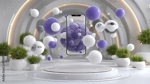 Obraz na płótnie Minimalist Smartphone Mockup Purple Abstract Background Floating Design Technology Conc w salonie