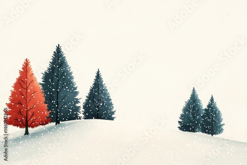 minimalist winter greeting card design featuring simple geometric Christmas trees against a snowy backdrop, Generative AI