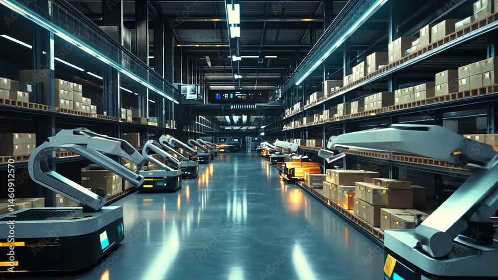 Futuristic warehouse operation featuring autonomous robotic vehicles distribution center Futuristic warehouse operation featuring autonomous robotic vehicles distribution center