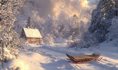 winter cabin scene with a wooden sled resting outside, surrounded by deep snow and a snow-covered forest, Generative AI