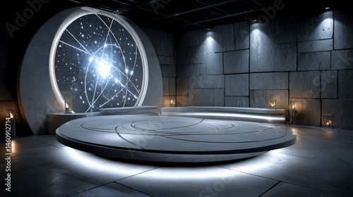 Futuristic Minimalist Sci Fi Stage  Circular Platform  Galaxy Background  Modern Interior