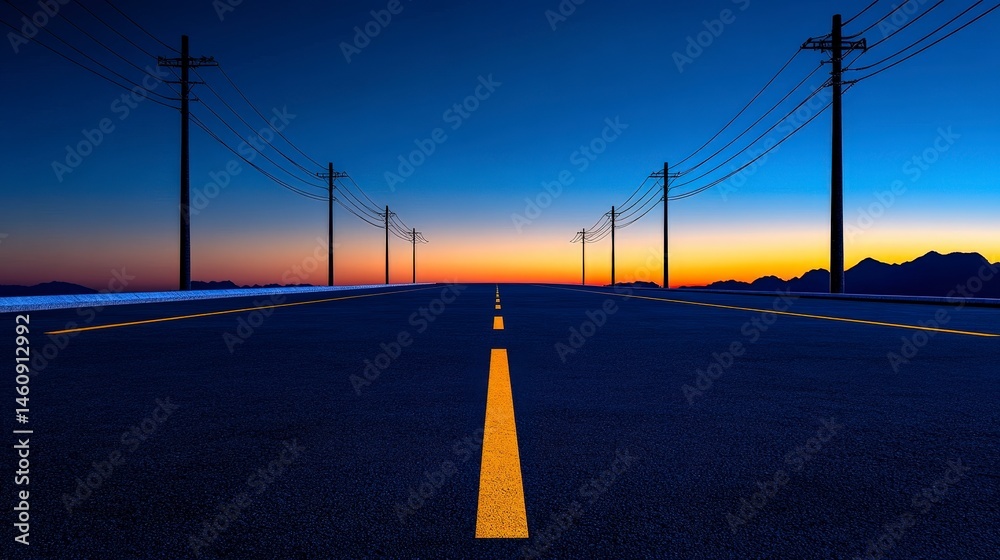 Scenic Sunset Highway Asphalt Road Power Lines Mountains