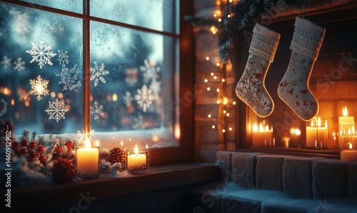cozy fireplace corner adorned with Christmas stockings, glowing candles, and snowflakes visible through the frosted window, Generative AI