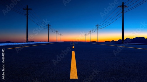 Obraz na płótnie Scenic Sunset Highway Asphalt Road Power Lines Mountains w salonie