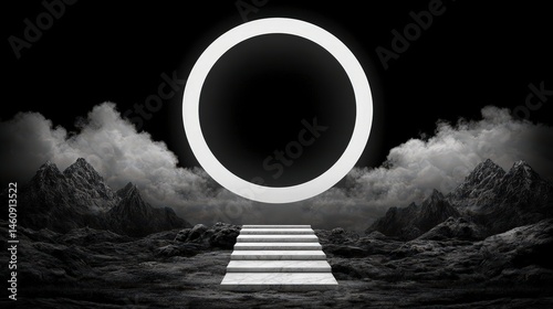 Obraz na płótnie Surreal Minimalist Landscape White Circle Steps Mountains w salonie