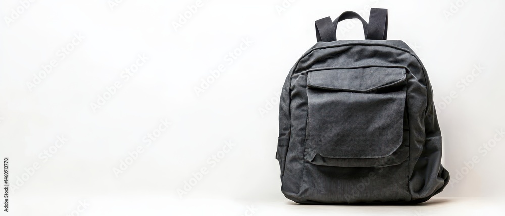 Fototapeta premium Simple Gray Backpack Isolated on White Background Studio Shot Close Up Front View Minimalist Style School Bag Travel Bag Daypack