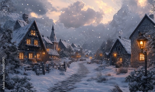 artistic depiction of a snowy mountain village at dusk, with glowing lanterns lighting cobblestone streets, Generative AI