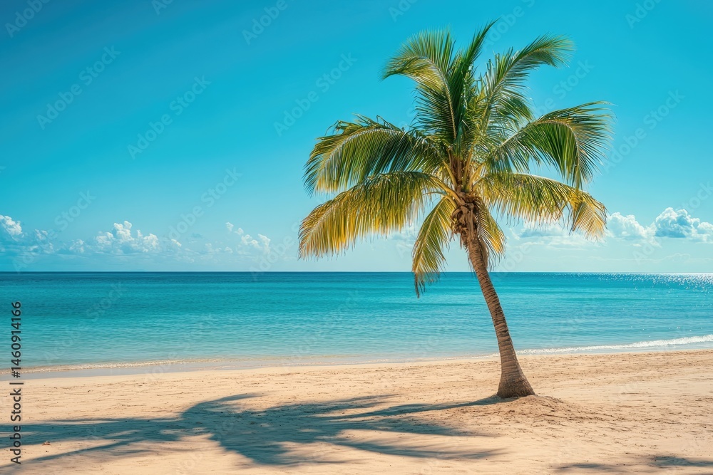 Fototapeta premium Tropical beach scene with a lone palm tree. Sunny day