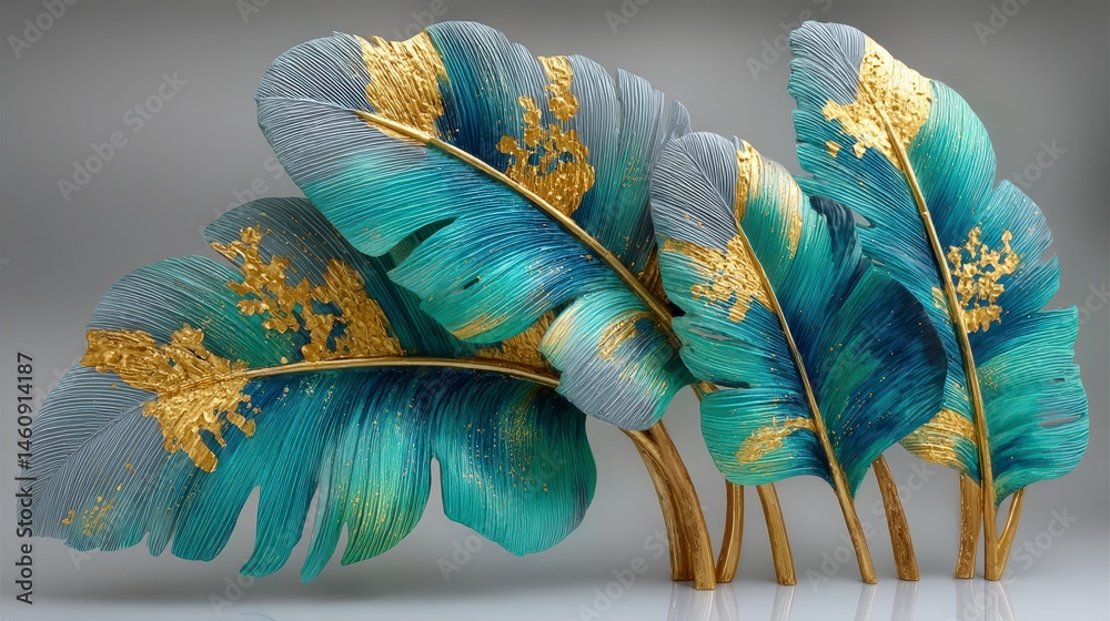 Elegant Teal Gold Leaf Art Print Luxurious Minimalist Home Decor