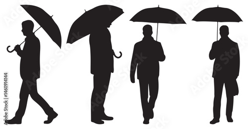 Set of black silhouettes of a man with an umbrella in various poses on white background