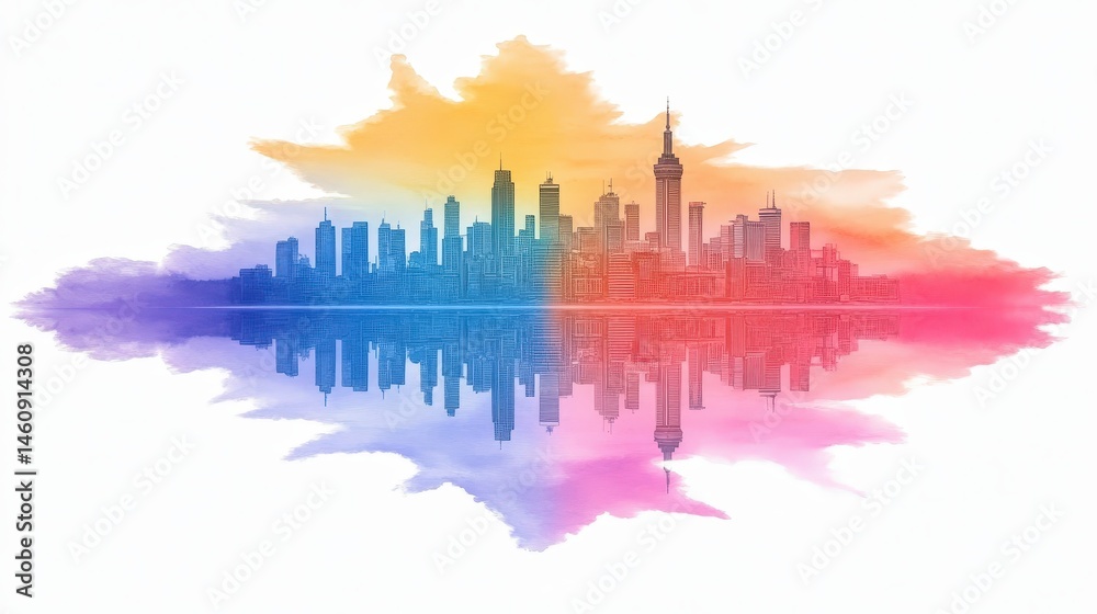 Obraz premium Cityscape Watercolor Reflection Modern Urban Skyline Minimalist Design