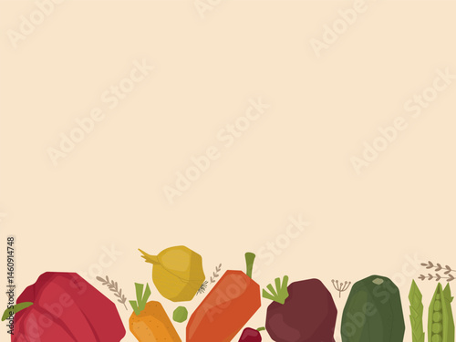 Horizontal vector illustration with vegetable border at the bottom on beige background. Perfect for food-themed designs.