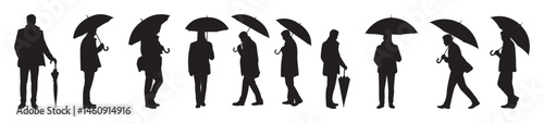 Set of black silhouettes of a man with an umbrella in various poses on white background