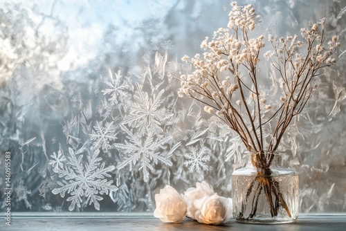 artistic depiction of a frosted glass window with delicate snowflake designs etched into the icy surface, Generative AI