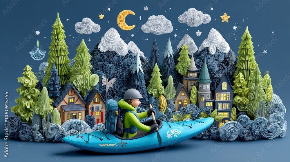 Dreamy Kayak Adventure Nighttime Village Scene 3D Render Minimalist Illustration