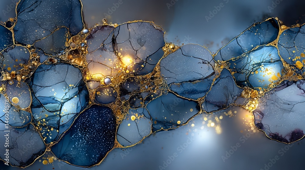 Abstract Blue Gold Marble Texture Luxury Ink Art Background