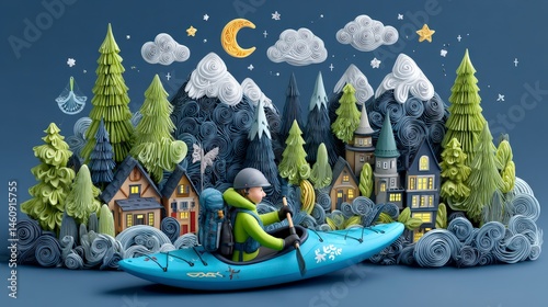 Dreamy Kayak Adventure  Nighttime Village Scene  3D Render  Minimalist Illustration