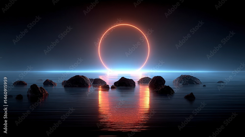 Surreal Seascape Neon Ring Rocks Calm Water 3D Render