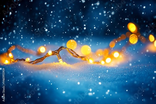 festive background with golden fairy lights strung across a snowy night sky, casting a warm glow on the snow below, Generative AI