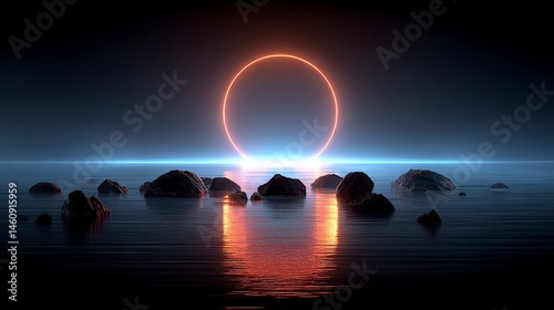 Obraz na płótnie Surreal Seascape Neon Ring Rocks Calm Water 3D Render w salonie