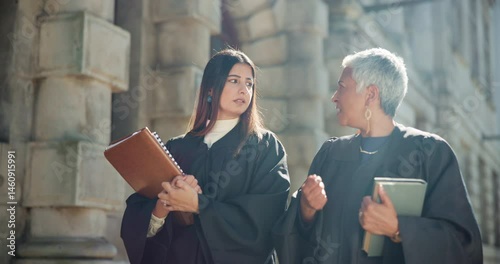 Advisor, talking and judge or women in city for courtroom discussion, legal team and justice constitution. Trial collaboration, verdict claims and evidence legislation with magistrate for law case
