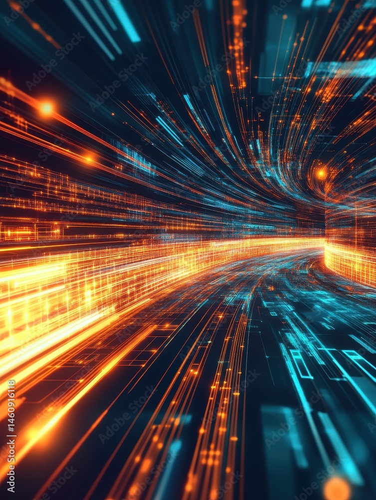 Abstract Digital Data Stream Tunnel Perspective Orange and Blue Light Technology Background Network Connection Abstract Digital Data Stream Tunnel Perspective Orange and Blue Light Technology Background Network Connection