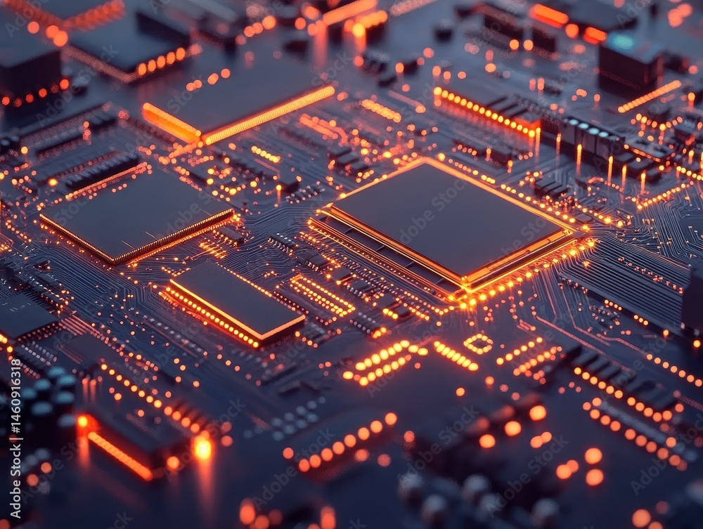 Close-up of a glowing circuit board showcasing intricate design and connectivity in a high-tech environment, studio shot Close-up of a glowing circuit board showcasing intricate design and connectivity in a high-tech environment, studio shot