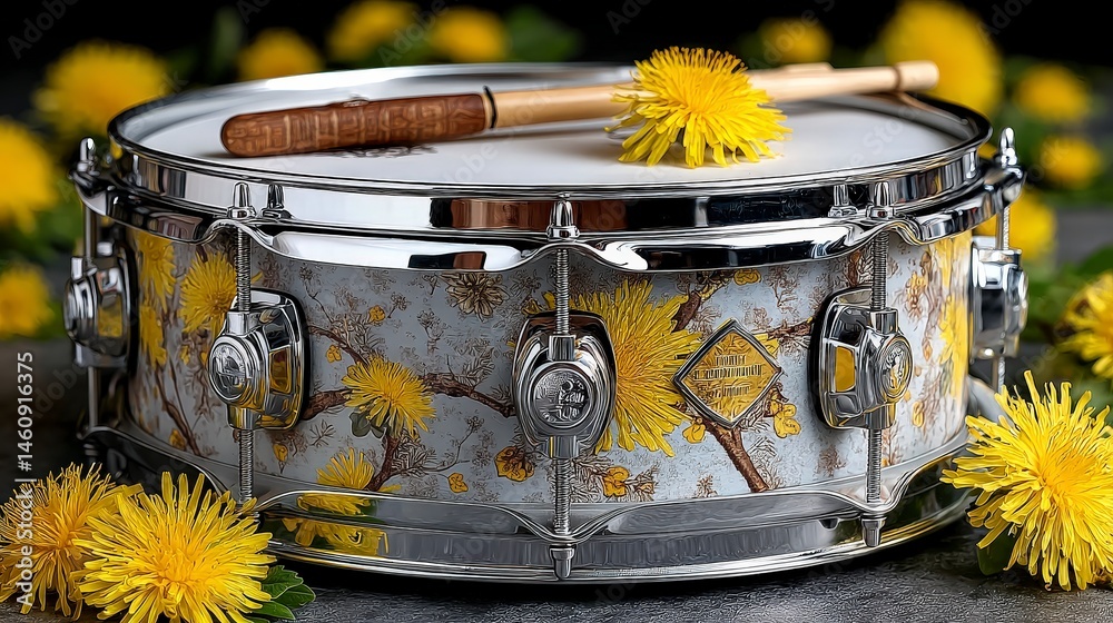 Snare Drum with Dandelion Floral Design Musical Instrument Close up Studio Shot