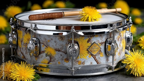 Obraz na płótnie Snare Drum with Dandelion Floral Design Musical Instrument Close up Studio Shot w salonie