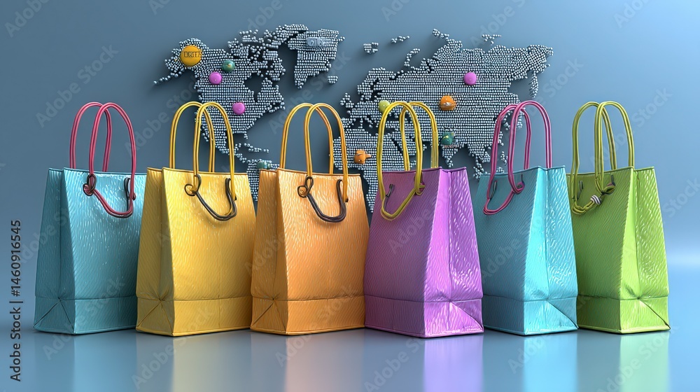 Global E commerce Colorful Shopping Bags World Map
