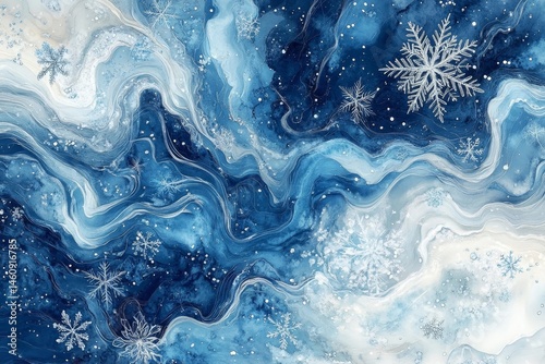 abstract watercolor background with swirling shades of icy blue and white, adorned with subtle snowflake patterns, Generative AI